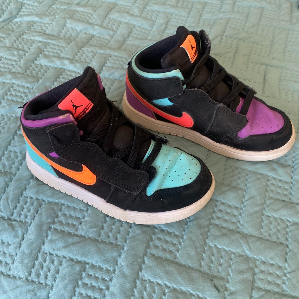 Nike Air Jordons 1 Mid size 10c - Black, with vibrant oranges, teals,& purples.